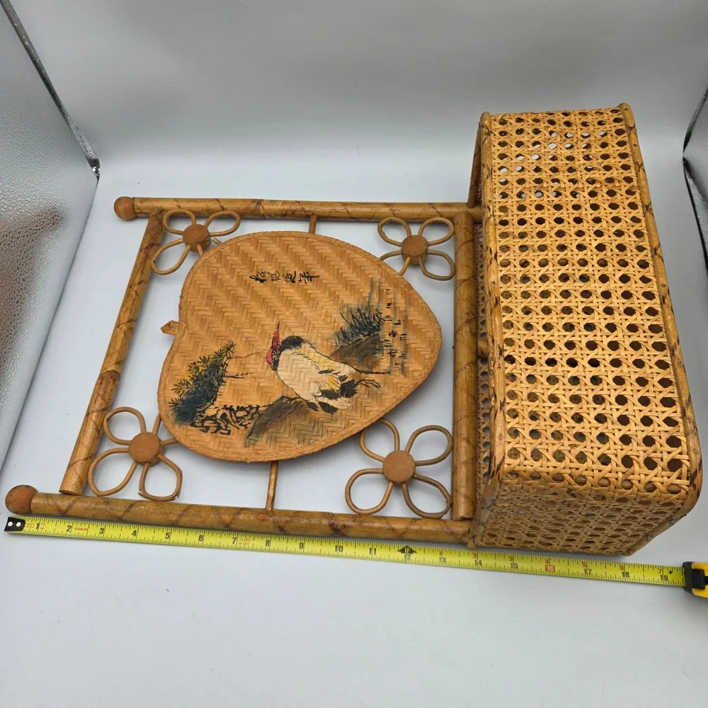 Vintage Bamboo Rattan Wall Mail Organizer Shelf Hand Painted Bird Boho 18